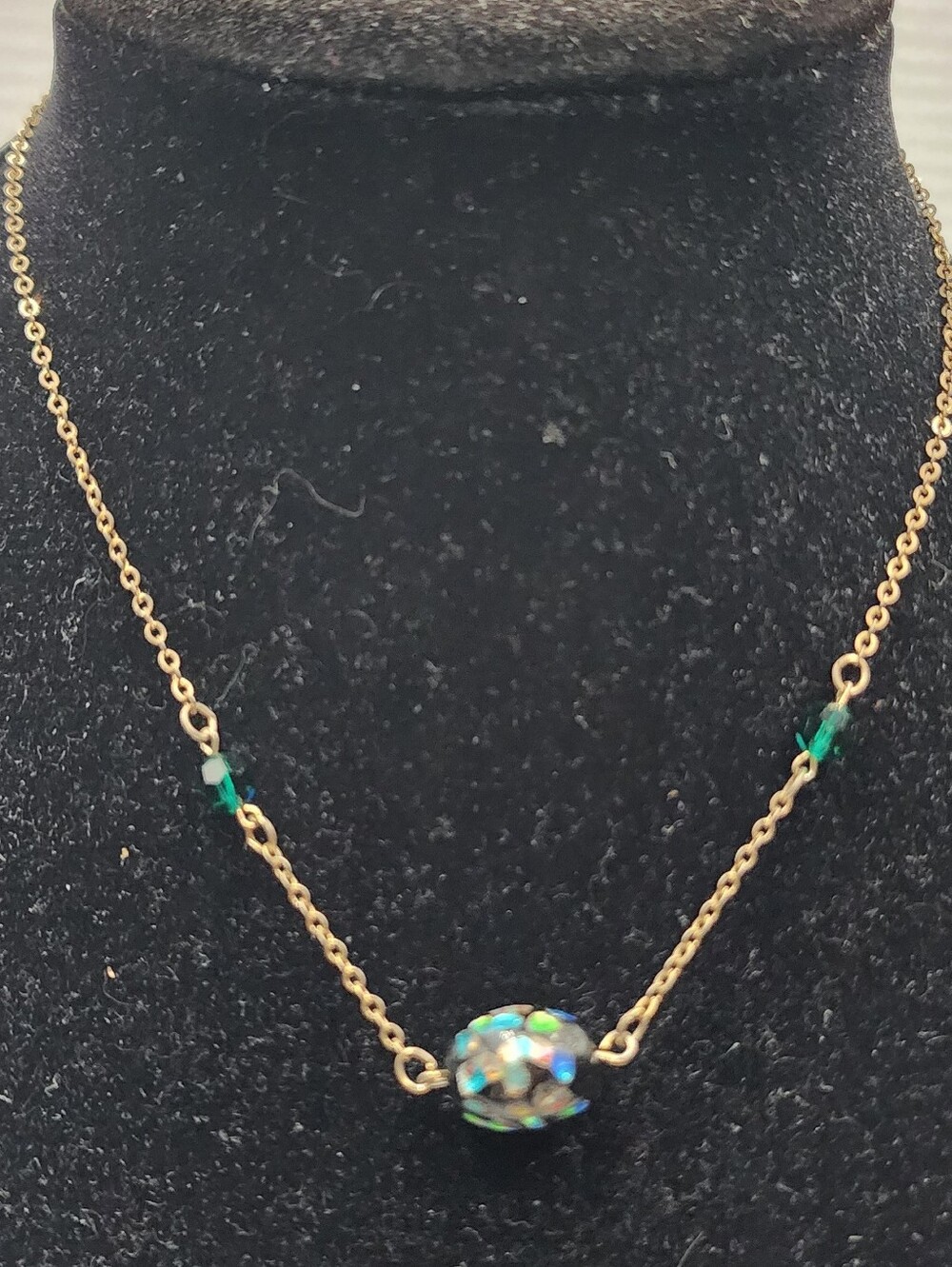 SARAH COV Night Garden Vintage Foil Glass Bead Necklace Gold Tone Green Black